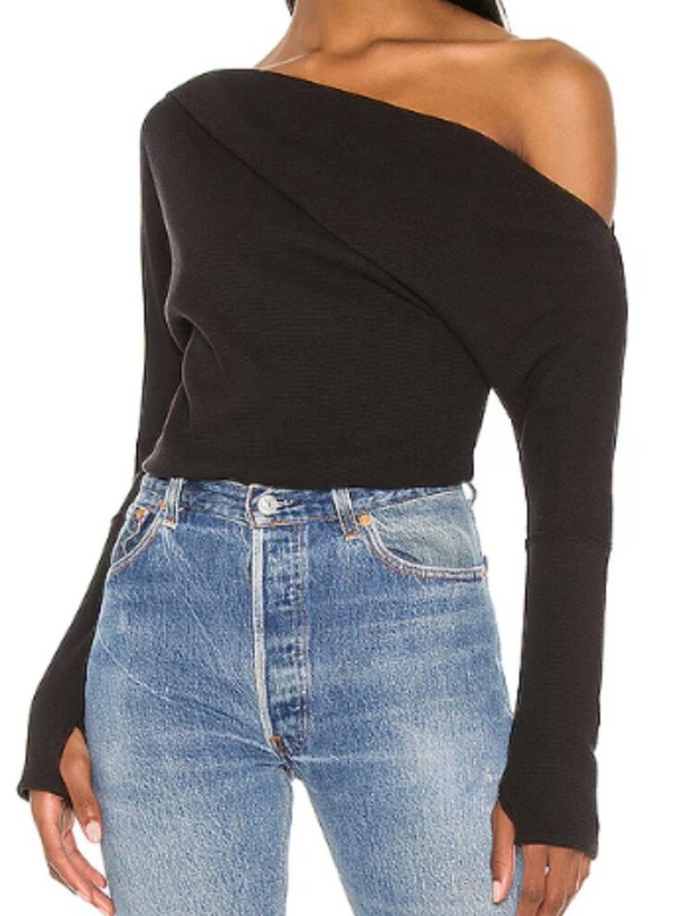Free People We The Free Fuji Off The Shoulder Thermal Waffle Knit Top M Black